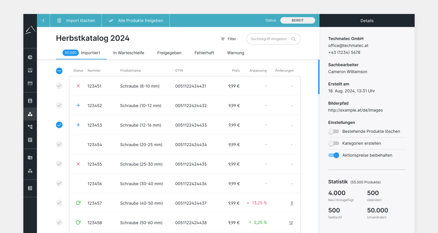 User-friendly interface for product import: shows status, price changes and enables manual adjustment and release of articles. 9-import