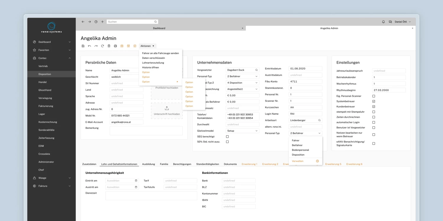 Detail page for master data maintenance with enhancement options in orange Erweiterung