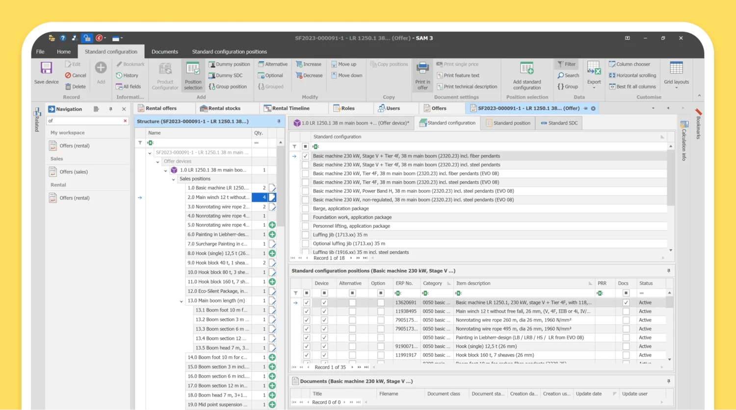 Proposal configuration with all relevant sales data SAM3 Angebotskonfiguration