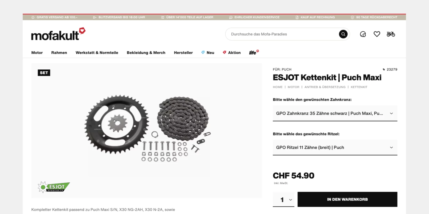 Product detail page of a variant product with configuration options Variant product