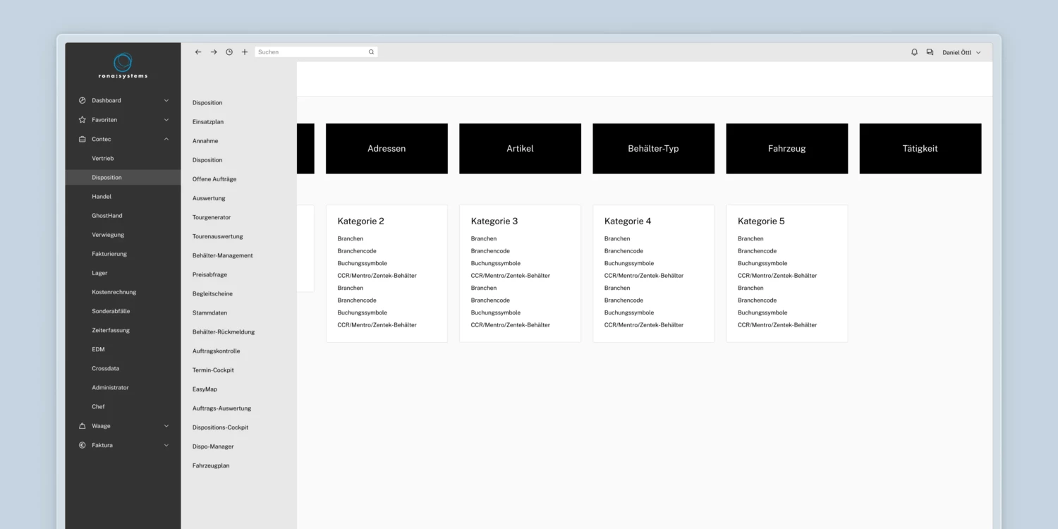 Master data navigation page with expanded menu on the left side Navigation