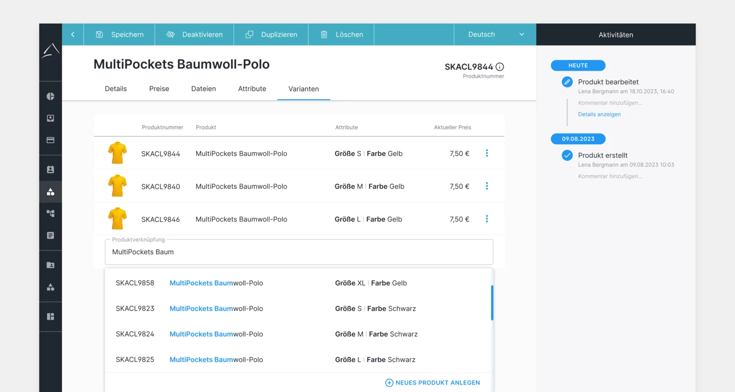 Variant function: Linking of product variants for a clear and simple selection in the store. 10-produktverwaltung