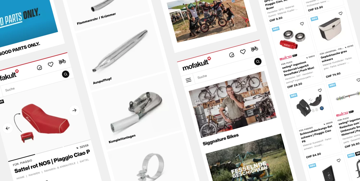 Optimized overview and detail pages for shopping on the smartphone. Mobile screens