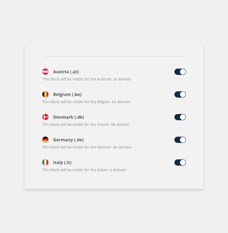 Jeder Content-Block kann im CMS pro Land ein- und ausgeblendet werden und erleichtert somit die Kuration des Inhalts erheblich. domain-selection