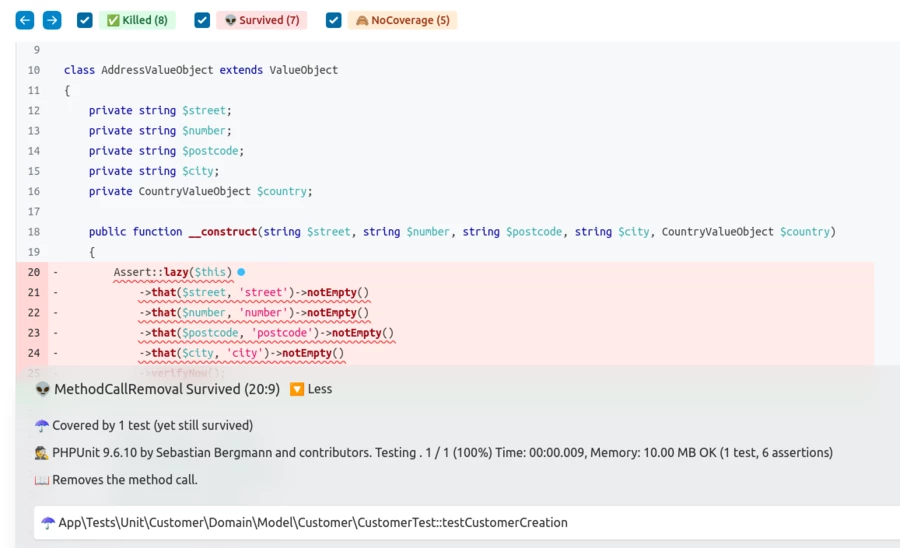 Sample HTML report of Infection displaying detailed information on the mutator, mutant and the PHPUnit test case that passed, even though the source code was altered. mutation testing in PHP